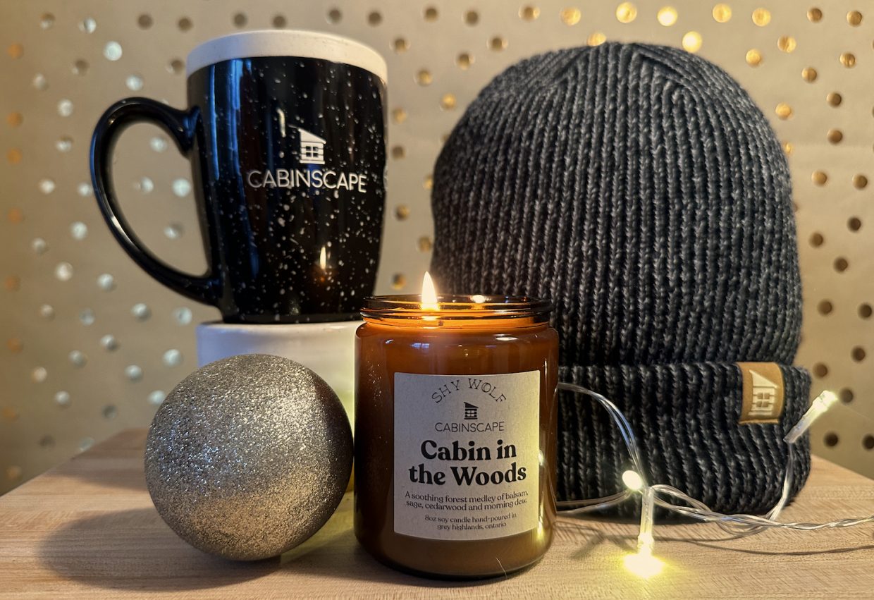 Cabinscape Gift Bundle, Toque, Mug, Shy Wolf Candle